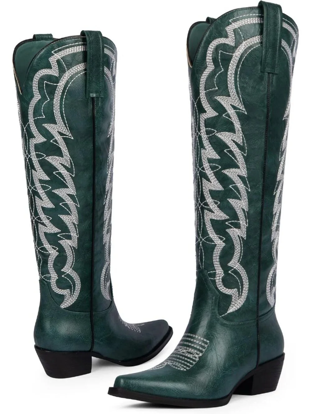 Women's Green Embroidered Wide Calf Pointed Toe Cowgirl Knee High Boots